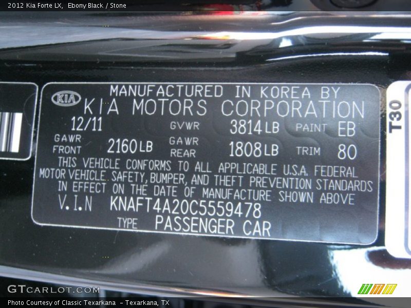 Ebony Black / Stone 2012 Kia Forte LX