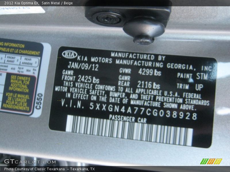 Satin Metal / Beige 2012 Kia Optima EX
