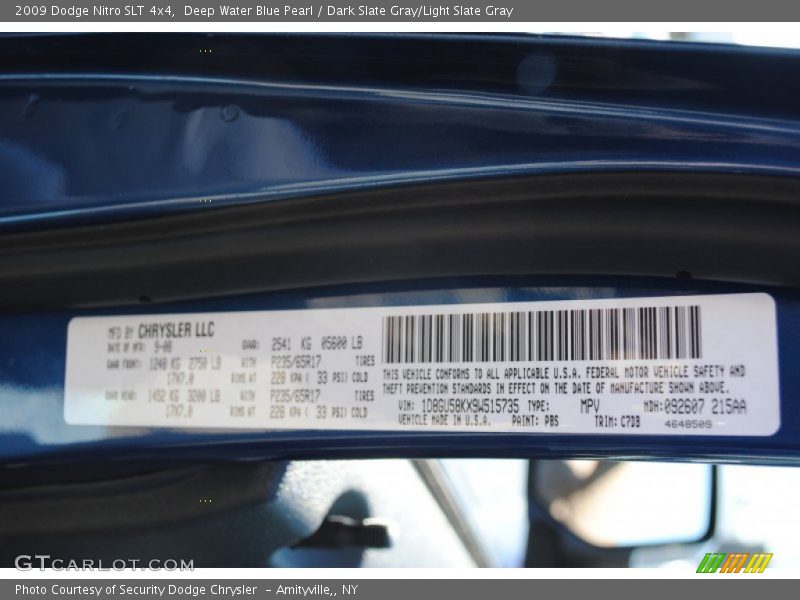 2009 Nitro SLT 4x4 Deep Water Blue Pearl Color Code PBS