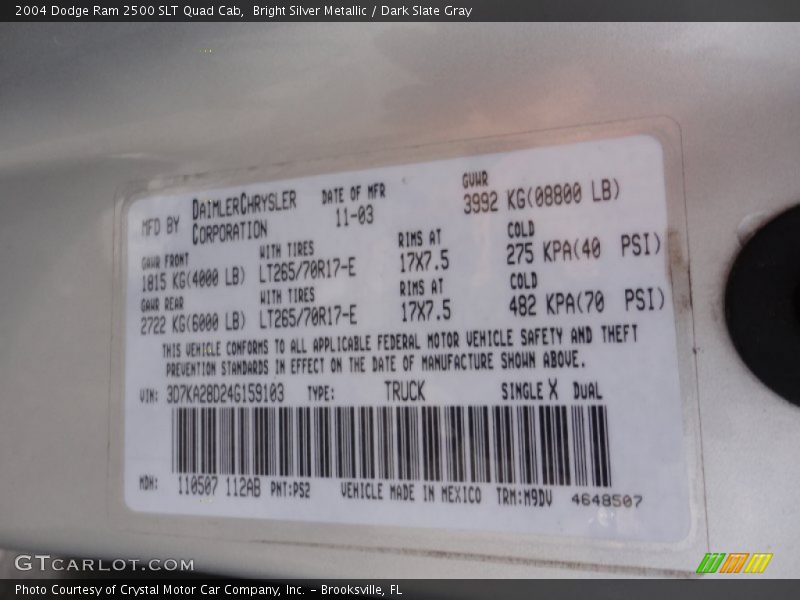 Bright Silver Metallic / Dark Slate Gray 2004 Dodge Ram 2500 SLT Quad Cab