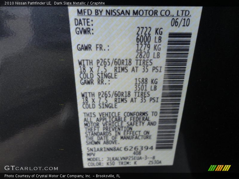 Dark Slate Metallic / Graphite 2010 Nissan Pathfinder LE