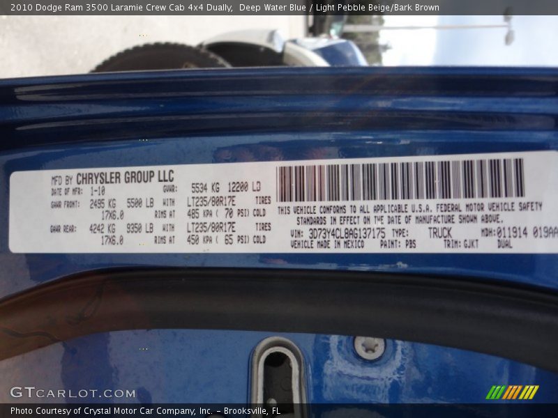 2010 Ram 3500 Laramie Crew Cab 4x4 Dually Deep Water Blue Color Code PBS