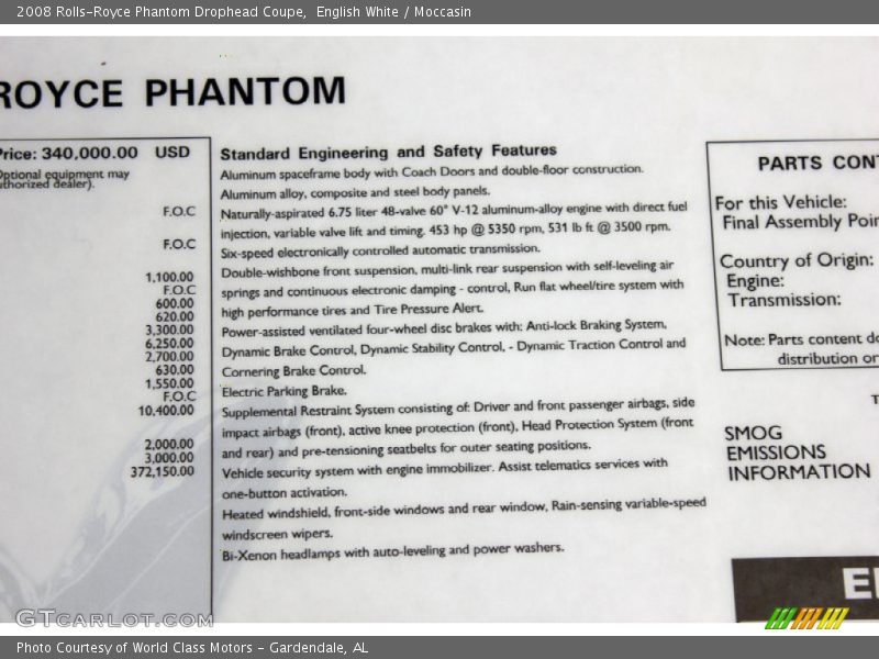  2008 Phantom Drophead Coupe  Window Sticker