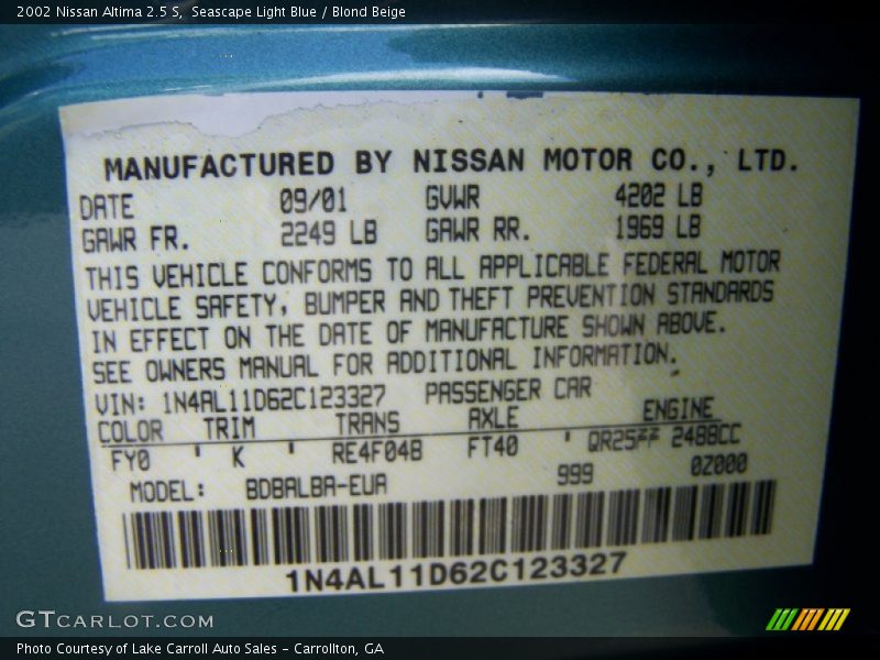 2002 Altima 2.5 S Seascape Light Blue Color Code FY0