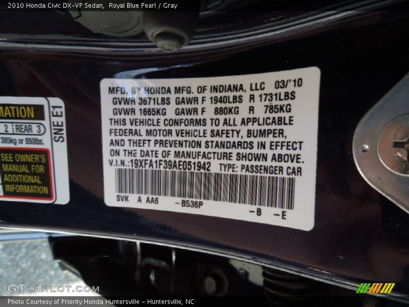 Royal Blue Pearl / Gray 2010 Honda Civic DX-VP Sedan
