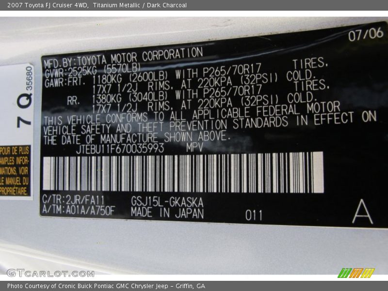 2007 FJ Cruiser 4WD Titanium Metallic Color Code 2JR