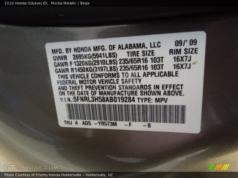 2010 Odyssey EX Mocha Metallic Color Code YR573M