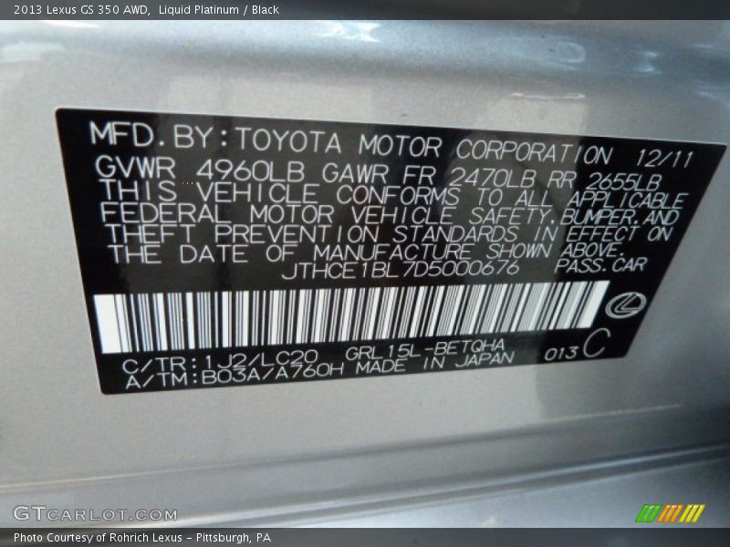 2013 GS 350 AWD Liquid Platinum Color Code 1J2