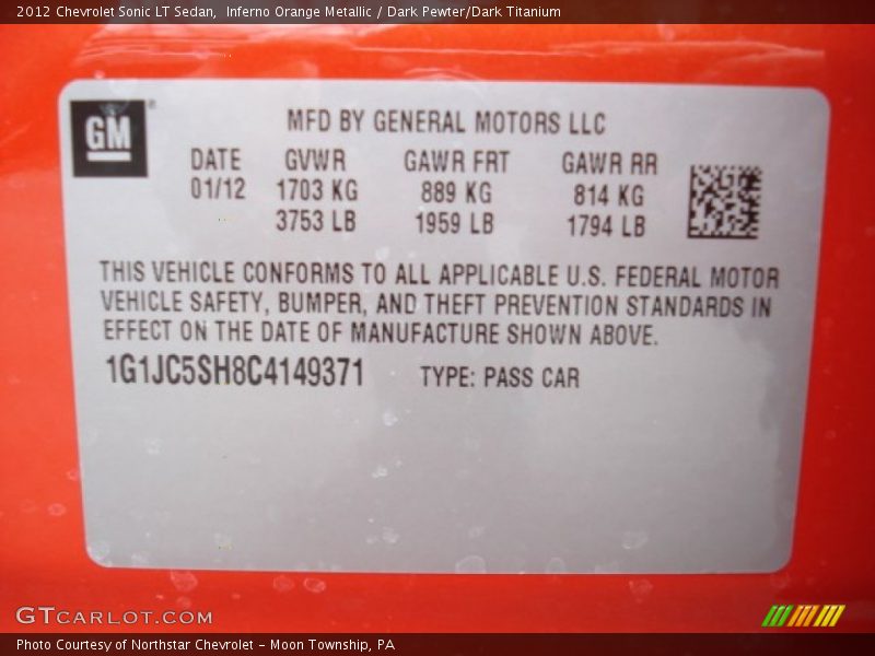 Inferno Orange Metallic / Dark Pewter/Dark Titanium 2012 Chevrolet Sonic LT Sedan