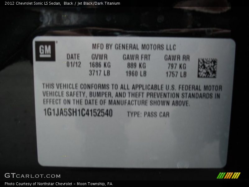 Black / Jet Black/Dark Titanium 2012 Chevrolet Sonic LS Sedan
