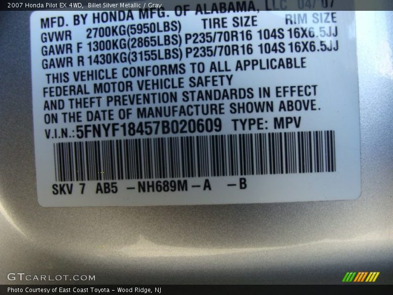 Billet Silver Metallic / Gray 2007 Honda Pilot EX 4WD