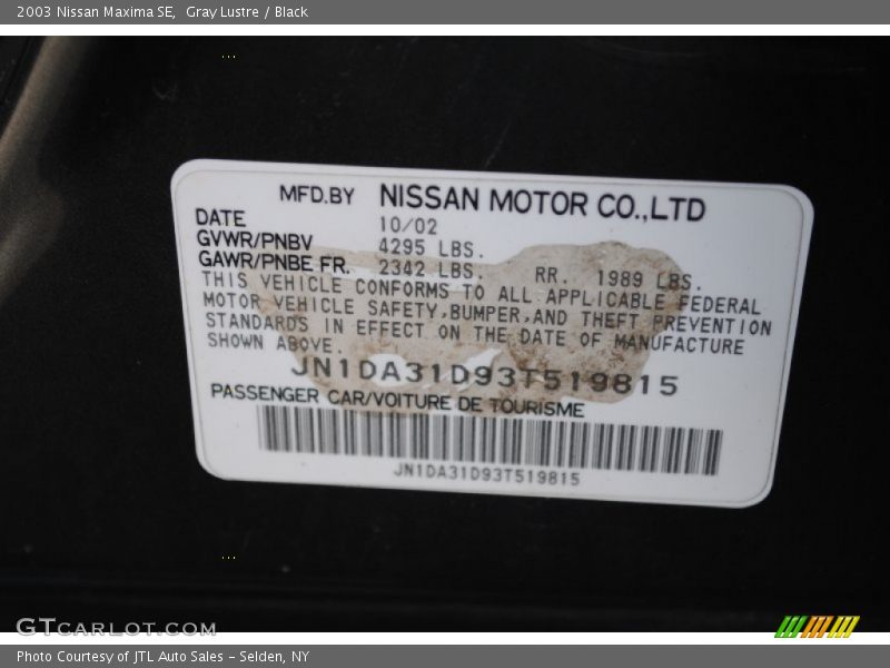 Gray Lustre / Black 2003 Nissan Maxima SE