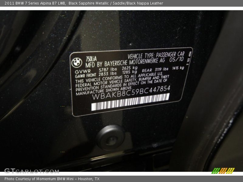 Black Sapphire Metallic / Saddle/Black Nappa Leather 2011 BMW 7 Series Alpina B7 LWB