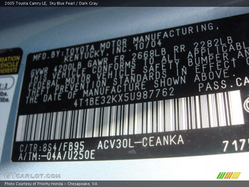 Sky Blue Pearl / Dark Gray 2005 Toyota Camry LE