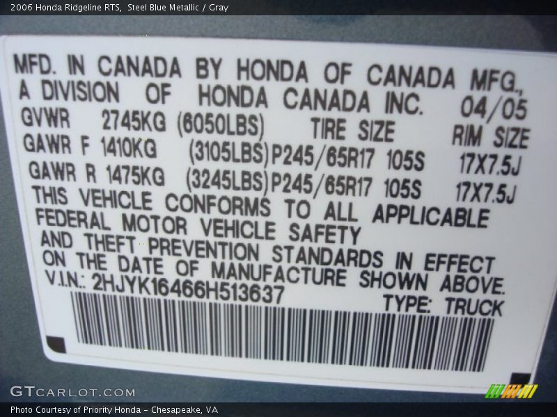 Steel Blue Metallic / Gray 2006 Honda Ridgeline RTS