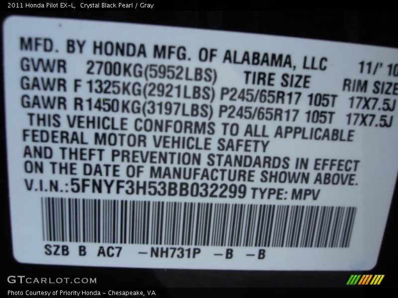 Crystal Black Pearl / Gray 2011 Honda Pilot EX-L
