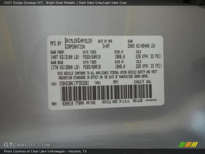 2007 Durango SXT Bright Silver Metallic Color Code PS2