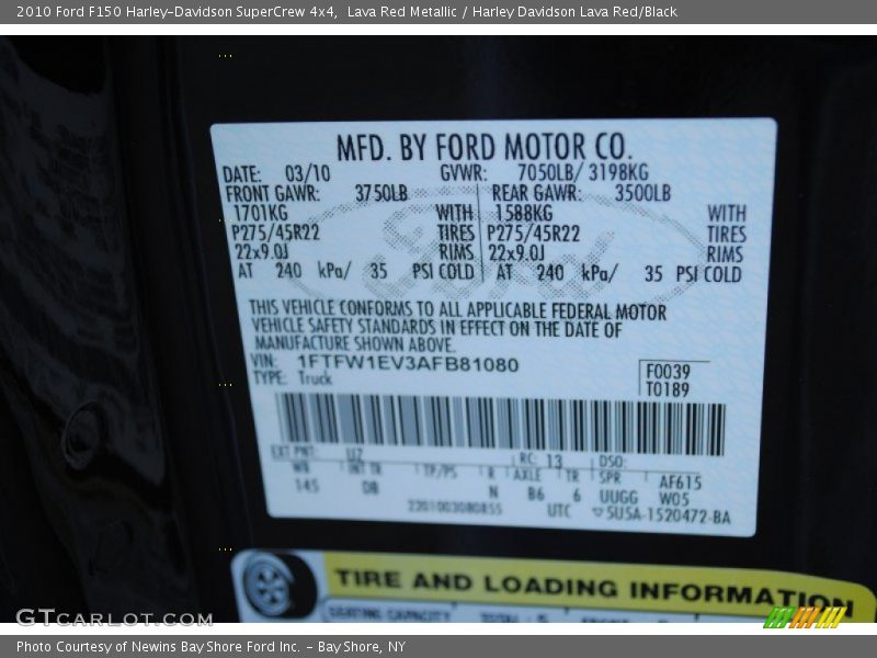 2010 F150 Harley-Davidson SuperCrew 4x4 Lava Red Metallic Color Code UZ
