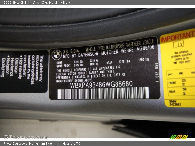Silver Grey Metallic / Black 2006 BMW X3 3.0i