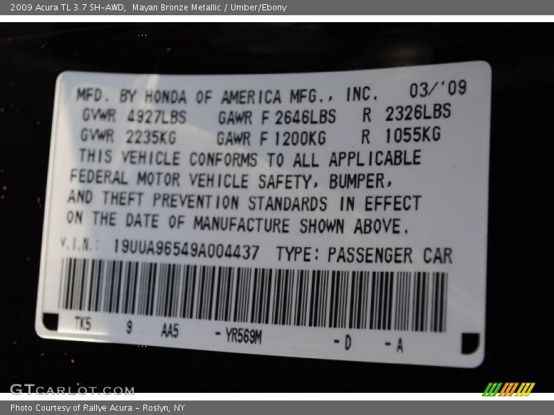 2009 TL 3.7 SH-AWD Mayan Bronze Metallic Color Code YR569M