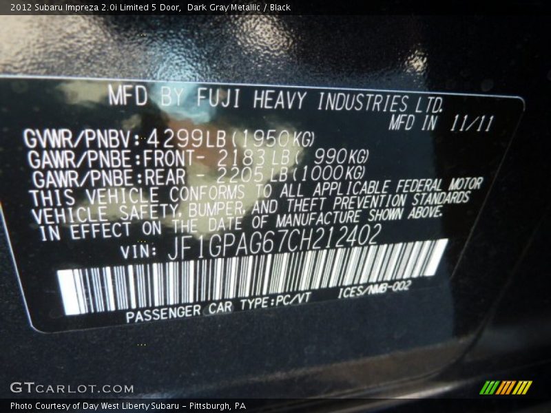 Dark Gray Metallic / Black 2012 Subaru Impreza 2.0i Limited 5 Door