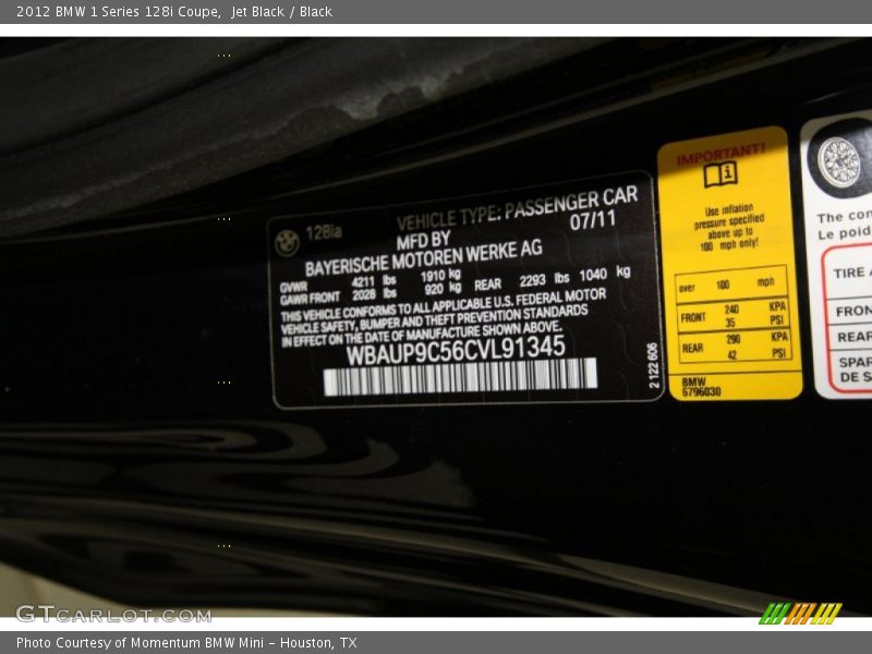 Jet Black / Black 2012 BMW 1 Series 128i Coupe