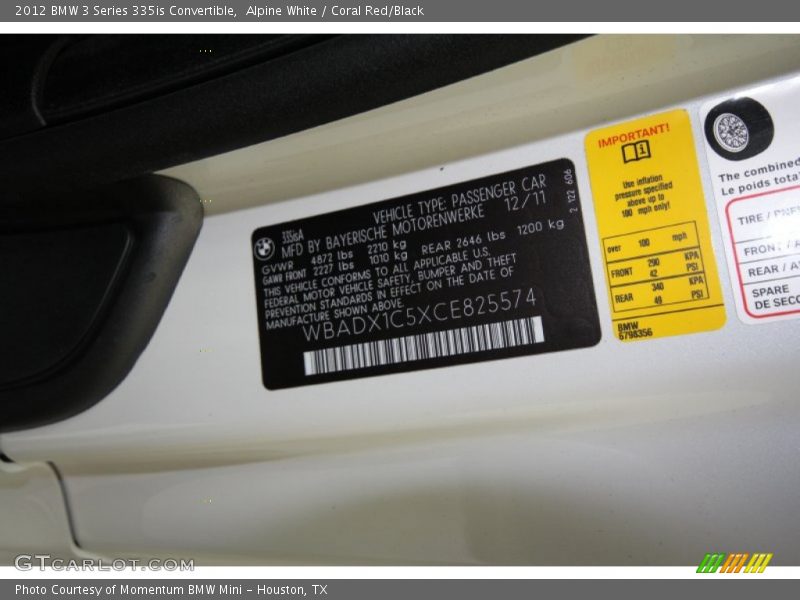 Info Tag of 2012 3 Series 335is Convertible