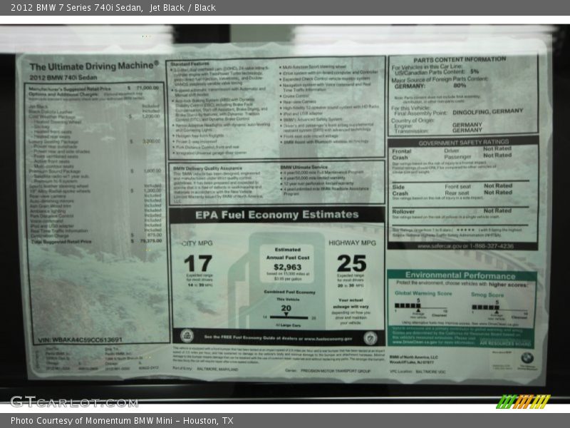  2012 7 Series 740i Sedan Window Sticker