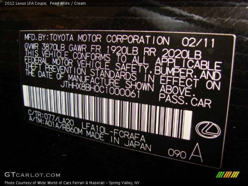 2012 LFA Coupe Pearl White Color Code 077