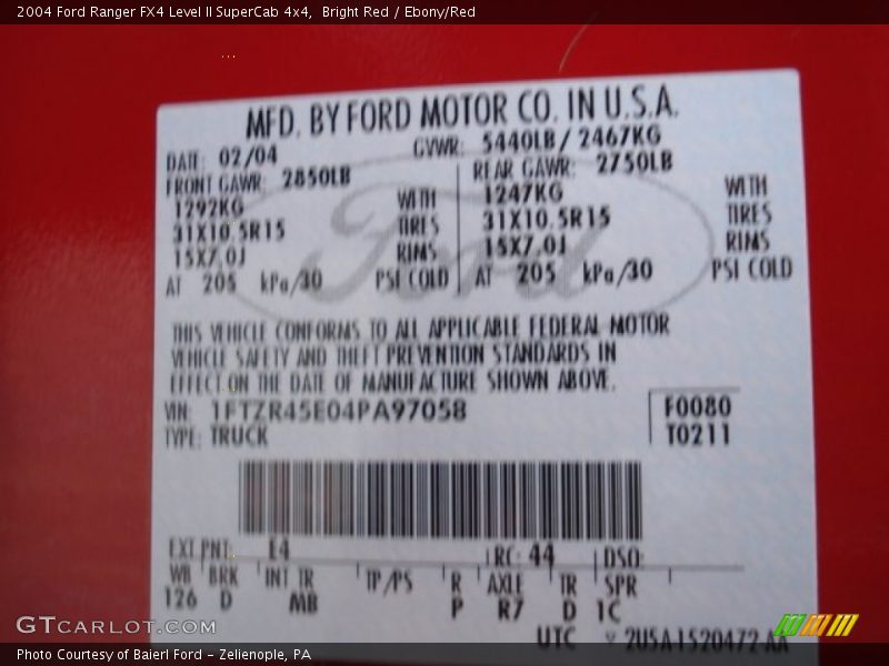 2004 Ranger FX4 Level II SuperCab 4x4 Bright Red Color Code E4