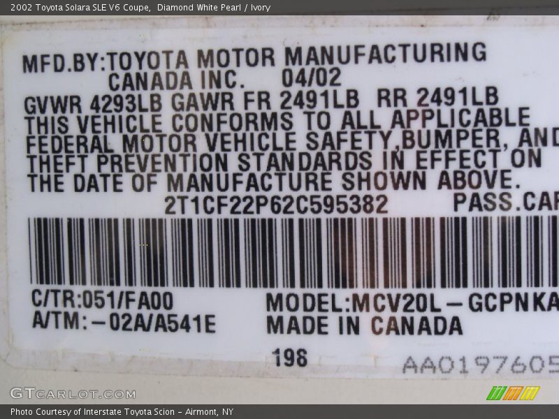 2002 Solara SLE V6 Coupe Diamond White Pearl Color Code 051
