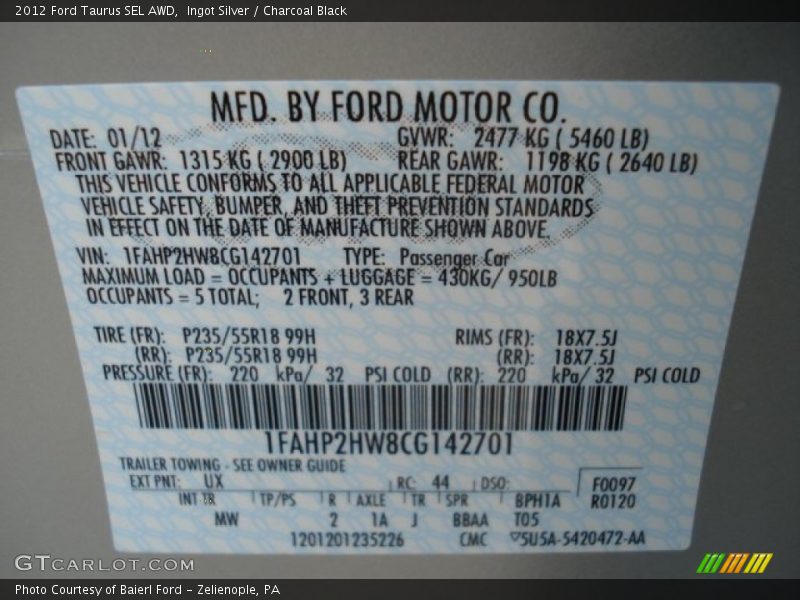 2012 Taurus SEL AWD Ingot Silver Color Code UX