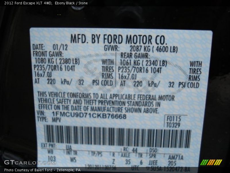 Ebony Black / Stone 2012 Ford Escape XLT 4WD