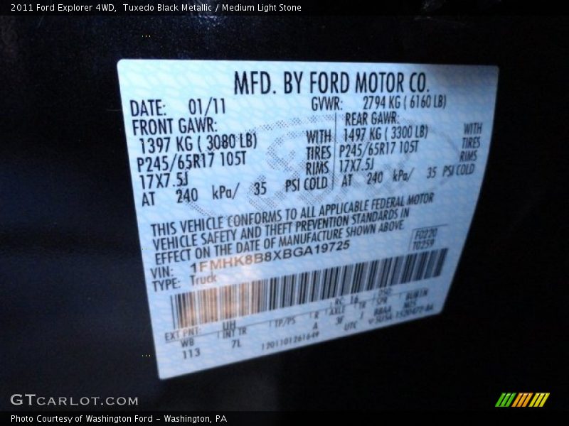 2011 Explorer 4WD Tuxedo Black Metallic Color Code UH