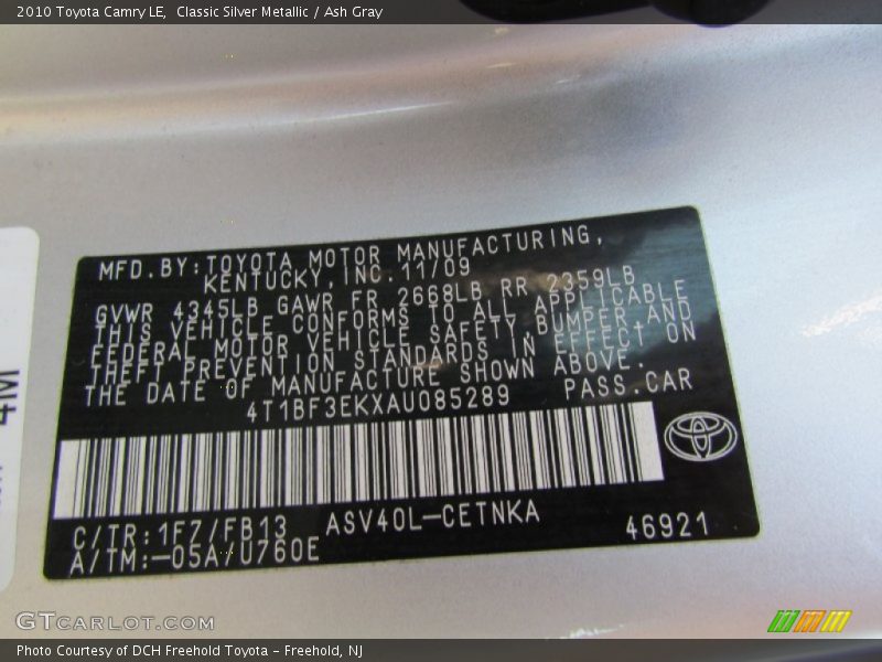 Classic Silver Metallic / Ash Gray 2010 Toyota Camry LE