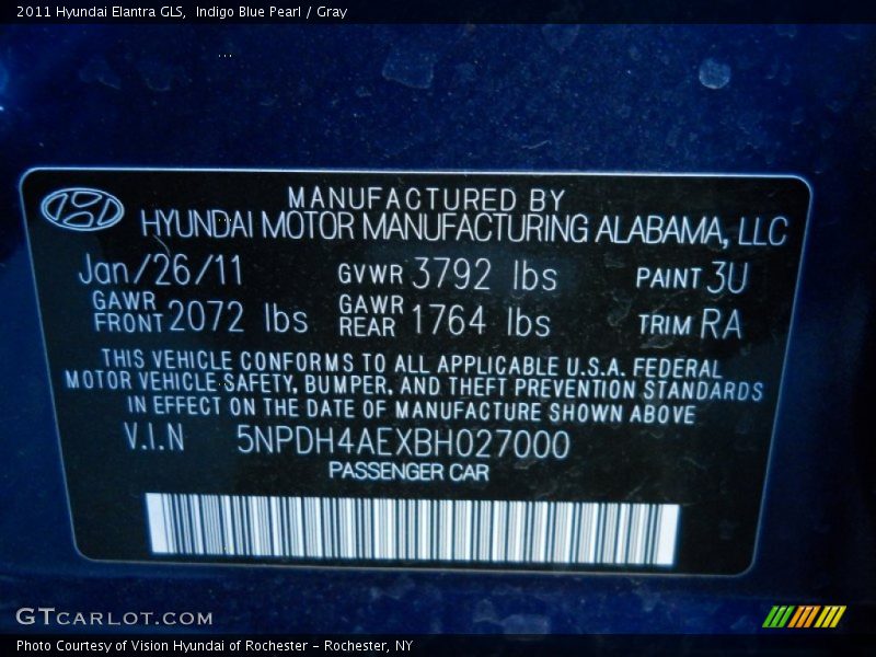 2011 Elantra GLS Indigo Blue Pearl Color Code 3U