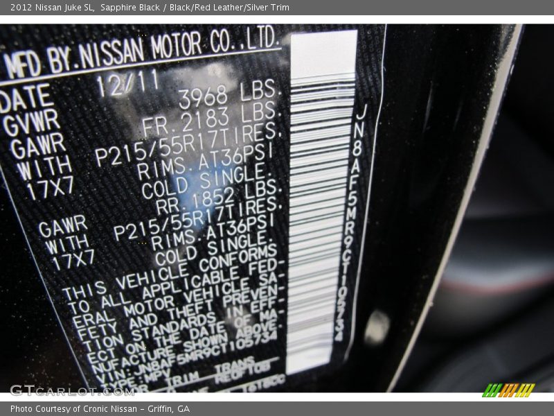 Sapphire Black / Black/Red Leather/Silver Trim 2012 Nissan Juke SL