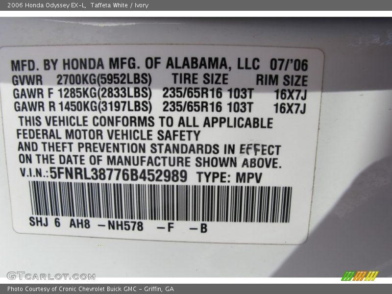 Taffeta White / Ivory 2006 Honda Odyssey EX-L