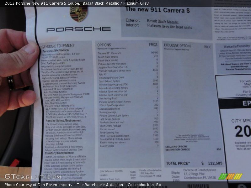  2012 New 911 Carrera S Coupe Window Sticker