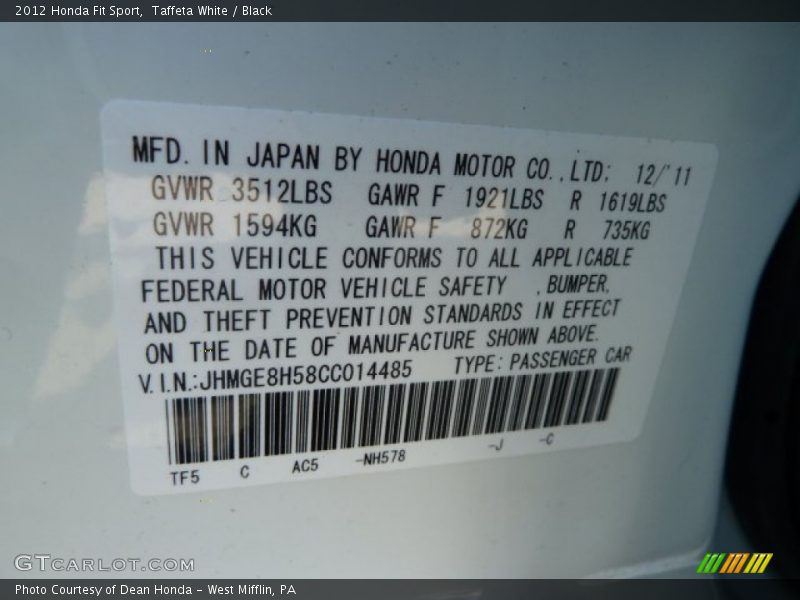 Taffeta White / Black 2012 Honda Fit Sport