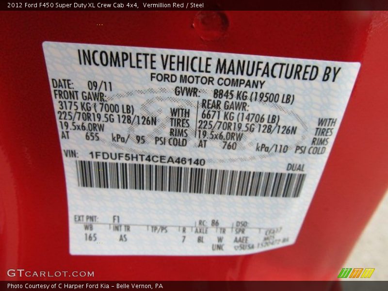 2012 F450 Super Duty XL Crew Cab 4x4 Vermillion Red Color Code F1