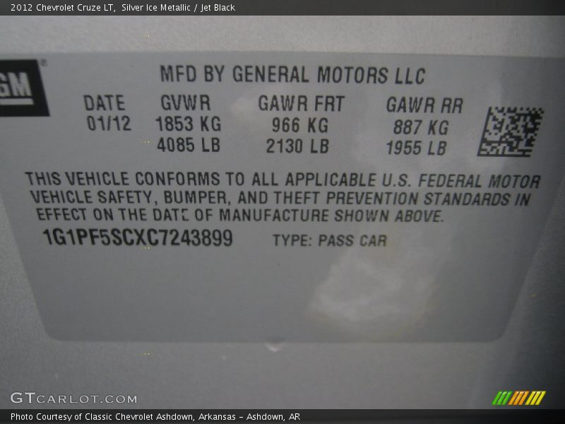 Silver Ice Metallic / Jet Black 2012 Chevrolet Cruze LT