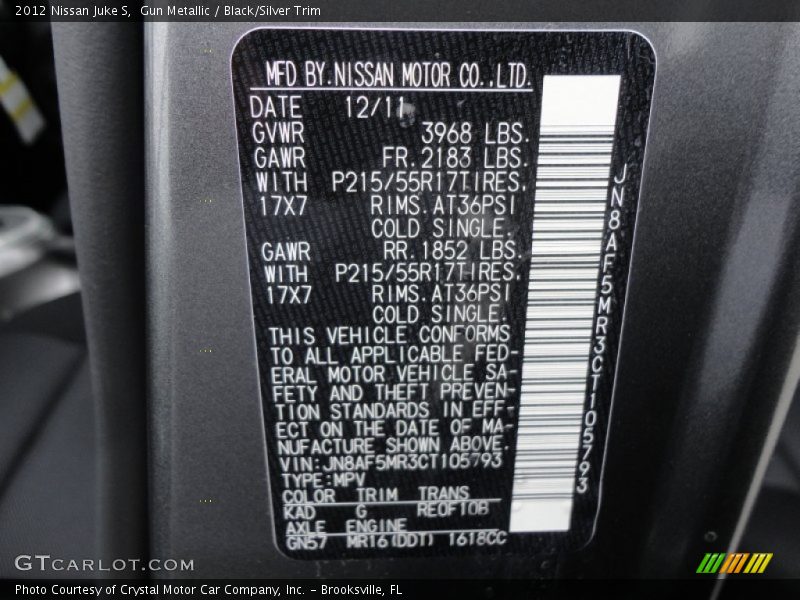 2012 Juke S Gun Metallic Color Code KAD