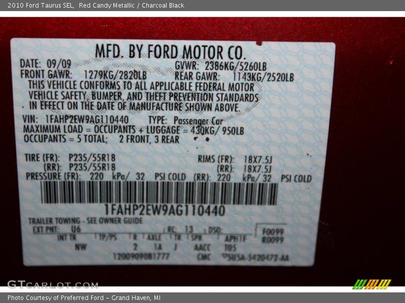 Red Candy Metallic / Charcoal Black 2010 Ford Taurus SEL