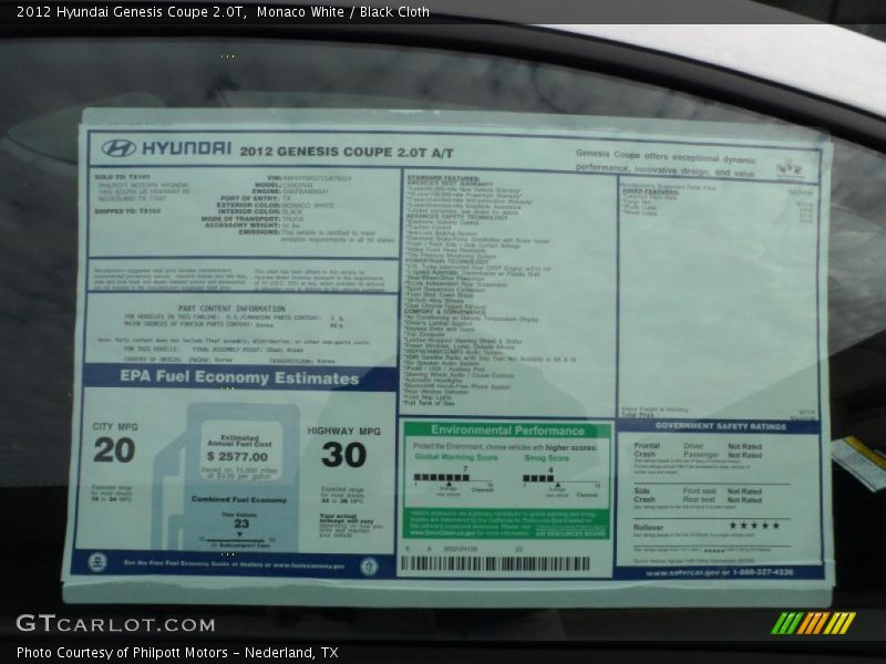  2012 Genesis Coupe 2.0T Window Sticker