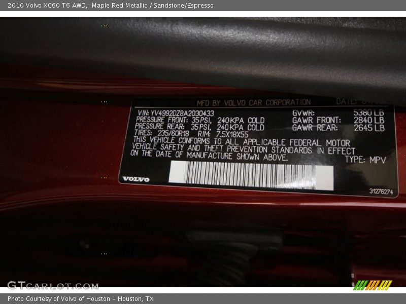 Maple Red Metallic / Sandstone/Espresso 2010 Volvo XC60 T6 AWD