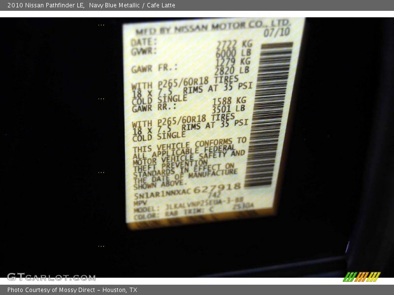 Navy Blue Metallic / Cafe Latte 2010 Nissan Pathfinder LE