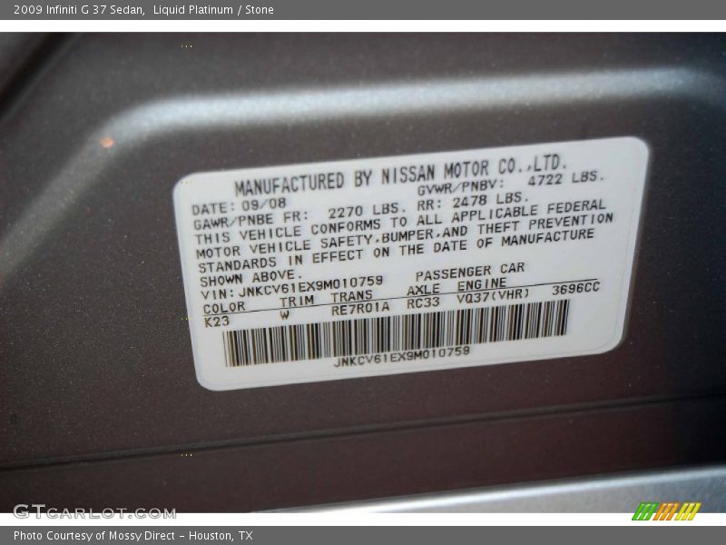 Liquid Platinum / Stone 2009 Infiniti G 37 Sedan