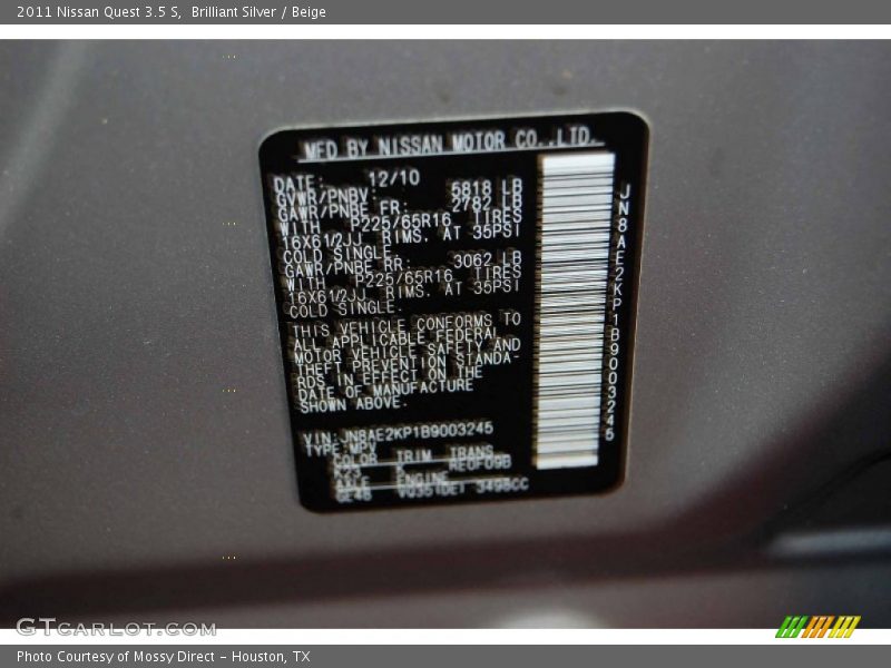 Brilliant Silver / Beige 2011 Nissan Quest 3.5 S