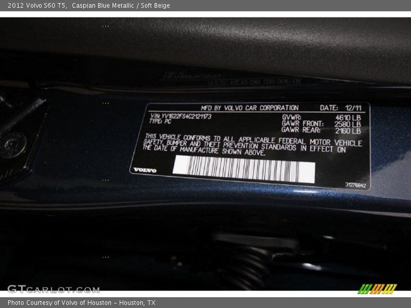Caspian Blue Metallic / Soft Beige 2012 Volvo S60 T5